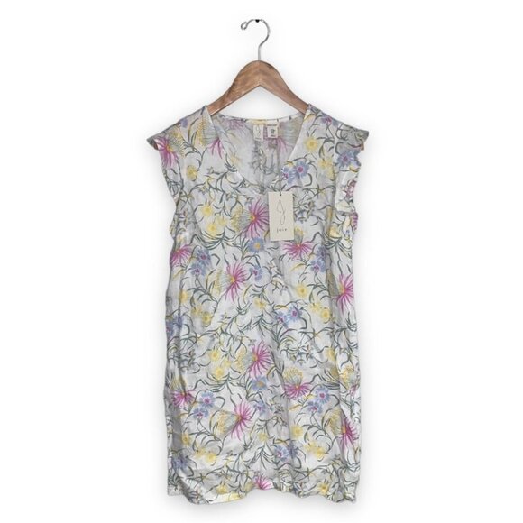 Joie Dress Size Extra Small White Floral Linen Short Frilly Sleeve Oversized NWT - Picture 1 of 9